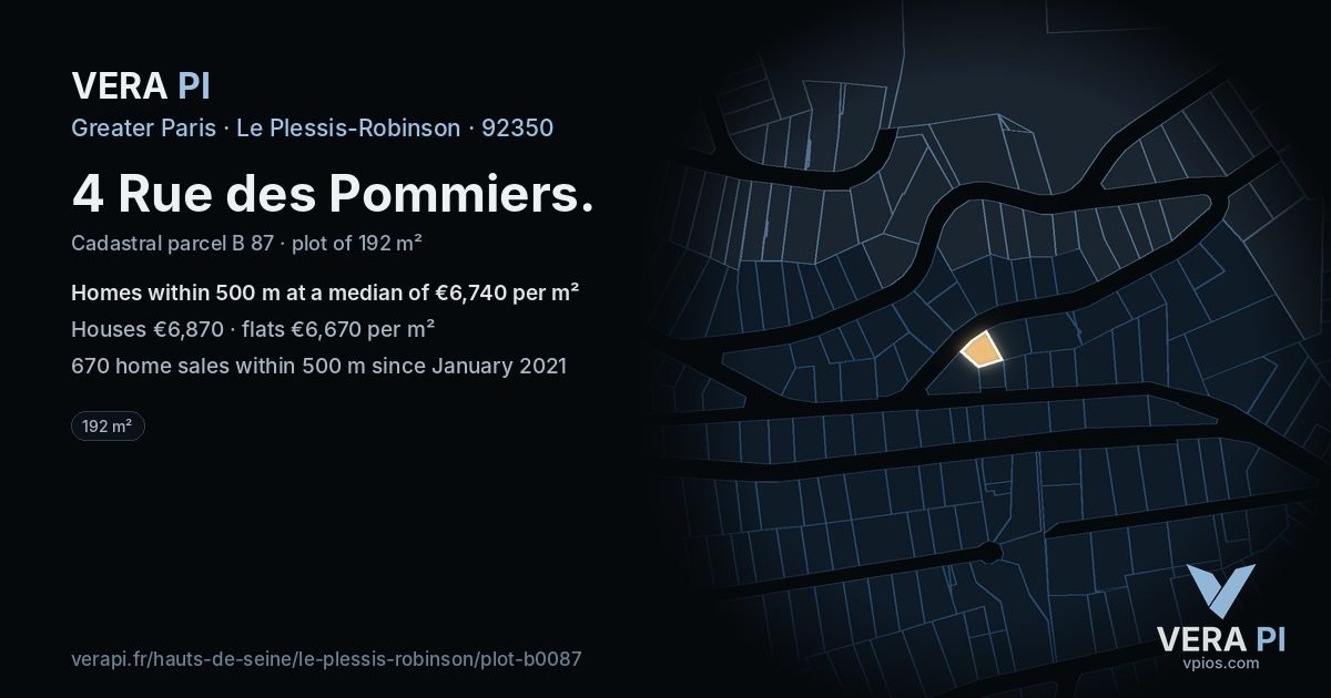 4 Rue des Pommiers, Le Plessis-Robinson at night – the plot lit, the parcels around coloured by the prices near them