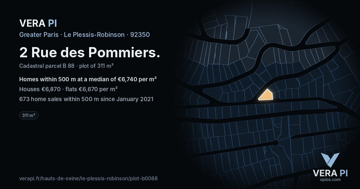 2 Rue des Pommiers, Le Plessis-Robinson at night – the plot lit, the parcels around coloured by the prices near them