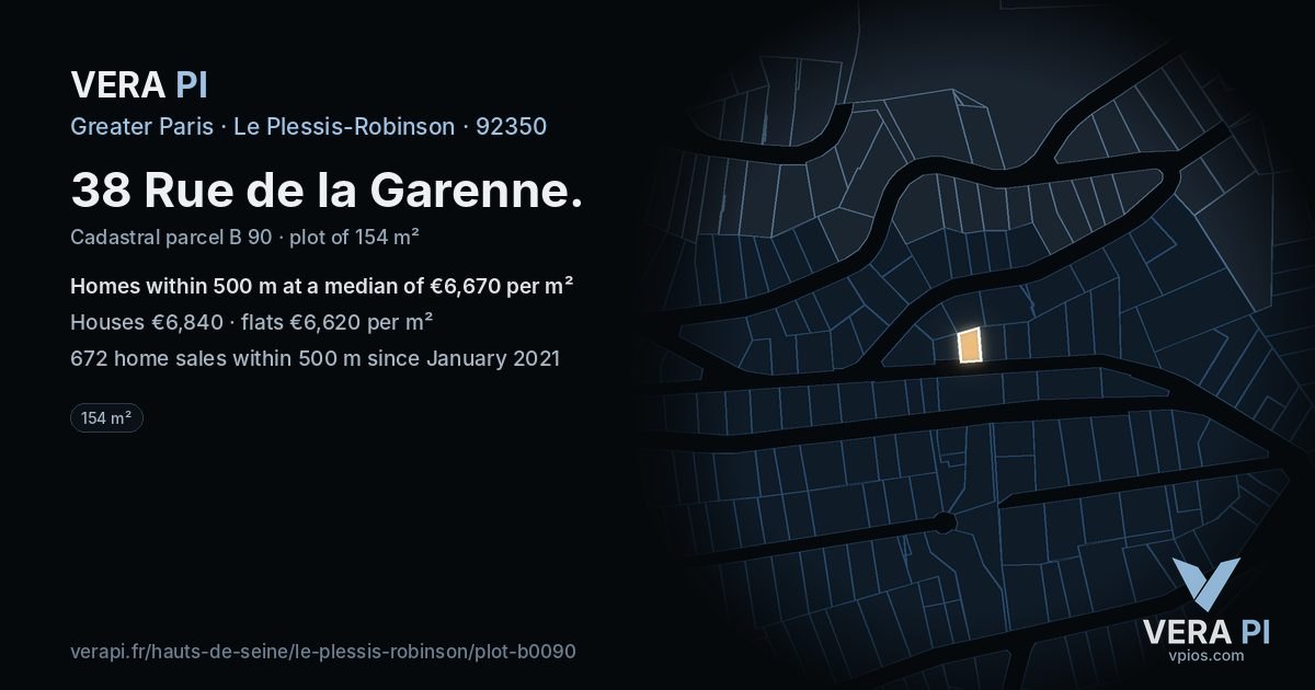 38 Rue de la Garenne, Le Plessis-Robinson at night – the plot lit, the parcels around coloured by the prices near them