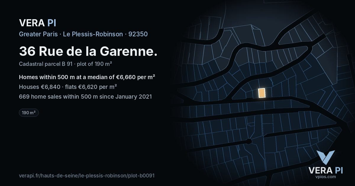 36 Rue de la Garenne, Le Plessis-Robinson at night – the plot lit, the parcels around coloured by the prices near them