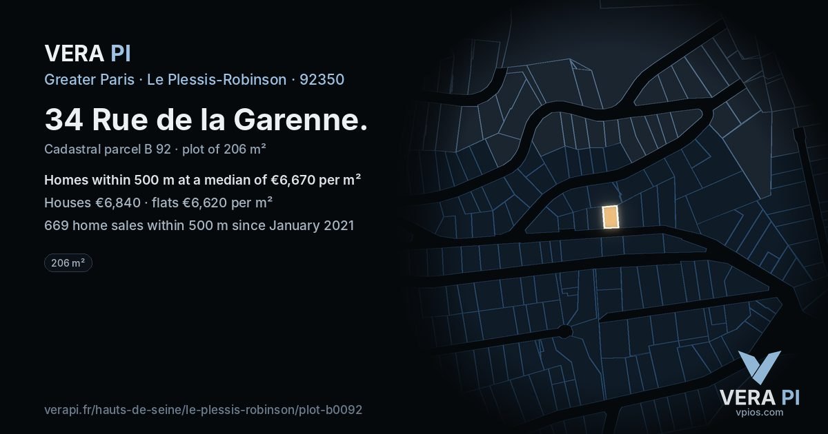 34 Rue de la Garenne, Le Plessis-Robinson at night – the plot lit, the parcels around coloured by the prices near them
