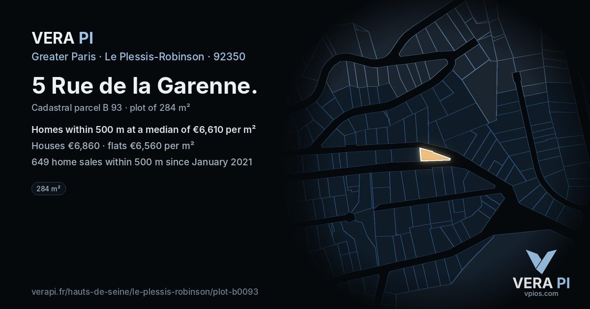 5 Rue de la Garenne, Le Plessis-Robinson at night – the plot lit, the parcels around coloured by the prices near them