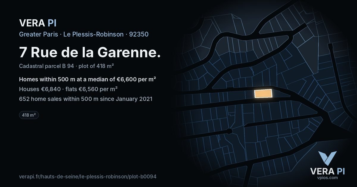 7 Rue de la Garenne, Le Plessis-Robinson at night – the plot lit, the parcels around coloured by the prices near them