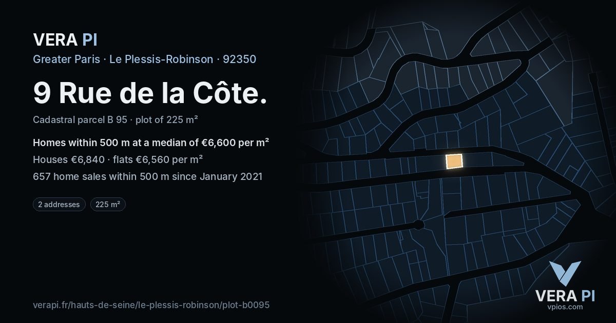 9 Rue de la Côte, Le Plessis-Robinson at night – the plot lit, the parcels around coloured by the prices near them