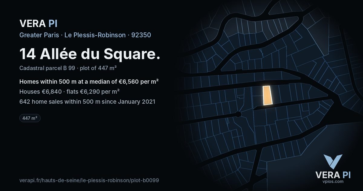 14 Allée du Square, Le Plessis-Robinson at night – the plot lit, the parcels around coloured by the prices near them