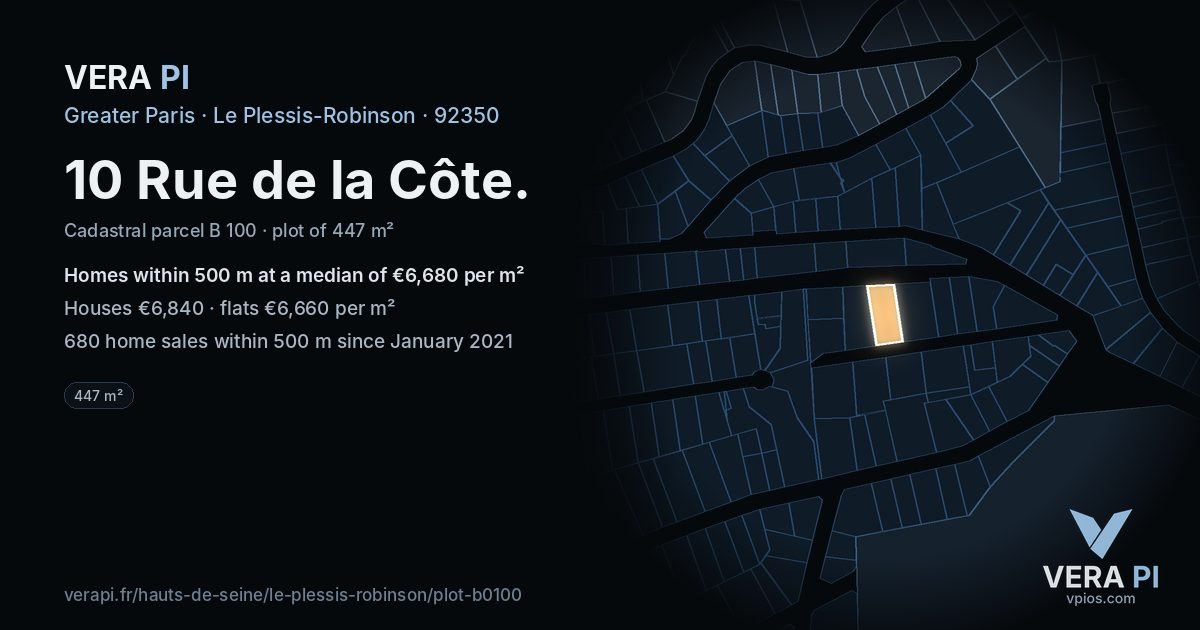 10 Rue de la Côte, Le Plessis-Robinson at night – the plot lit, the parcels around coloured by the prices near them