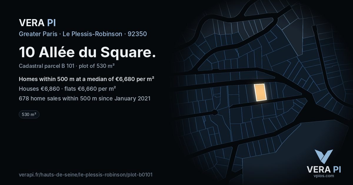 10 Allée du Square, Le Plessis-Robinson at night – the plot lit, the parcels around coloured by the prices near them