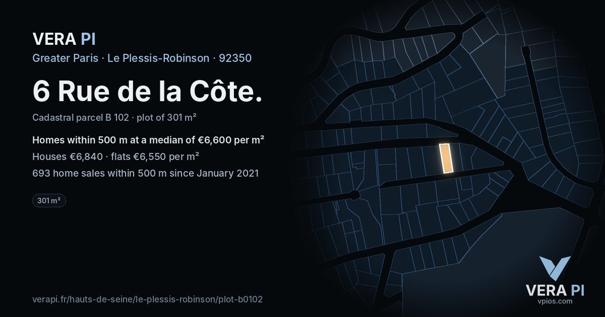 6 Rue de la Côte, Le Plessis-Robinson at night – the plot lit, the parcels around coloured by the prices near them