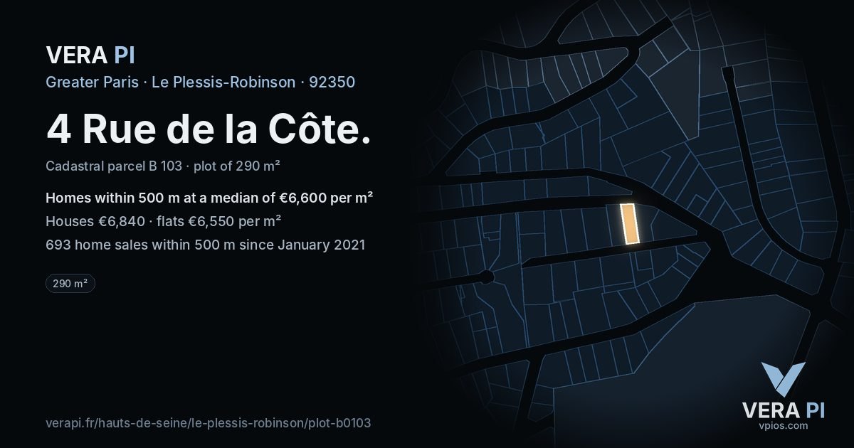 4 Rue de la Côte, Le Plessis-Robinson at night – the plot lit, the parcels around coloured by the prices near them