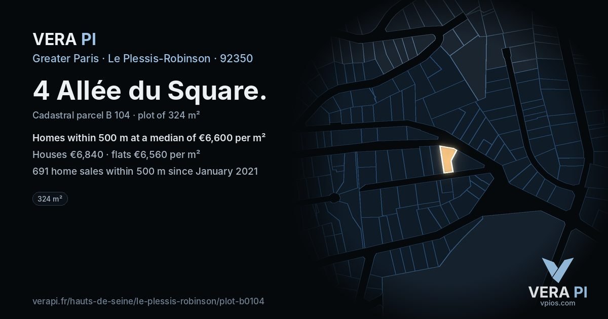 4 Allée du Square, Le Plessis-Robinson at night – the plot lit, the parcels around coloured by the prices near them