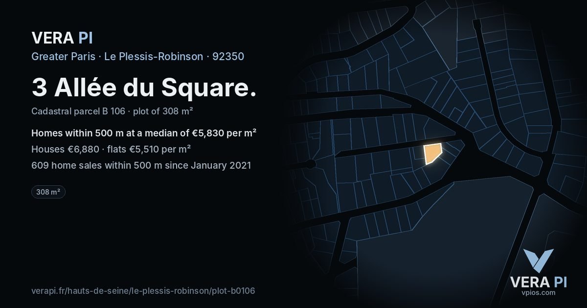 3 Allée du Square, Le Plessis-Robinson at night – the plot lit, the parcels around coloured by the prices near them