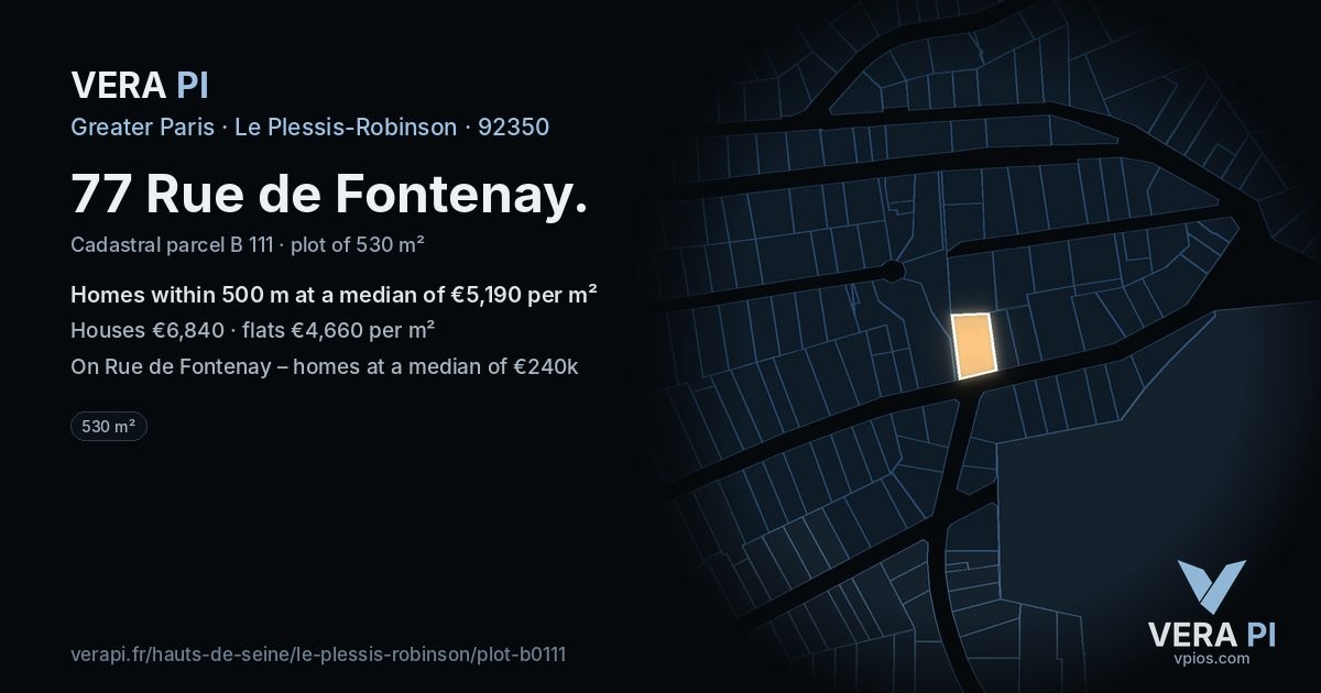 77 Rue de Fontenay, Le Plessis-Robinson at night – the plot lit, the parcels around coloured by the prices near them