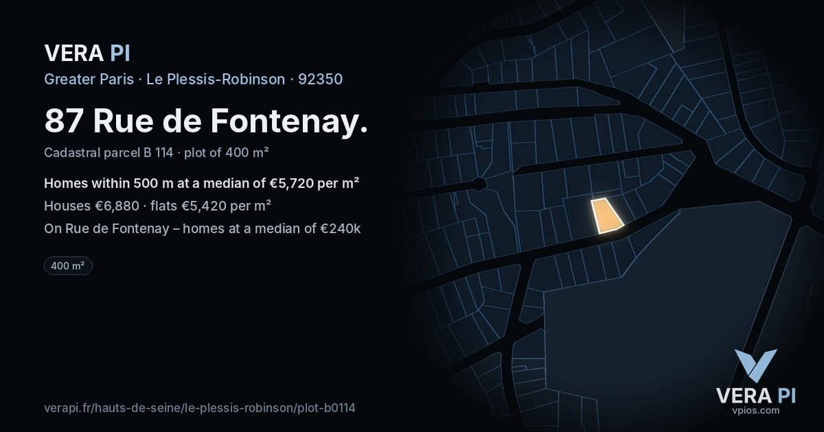 87 Rue de Fontenay, Le Plessis-Robinson at night – the plot lit, the parcels around coloured by the prices near them