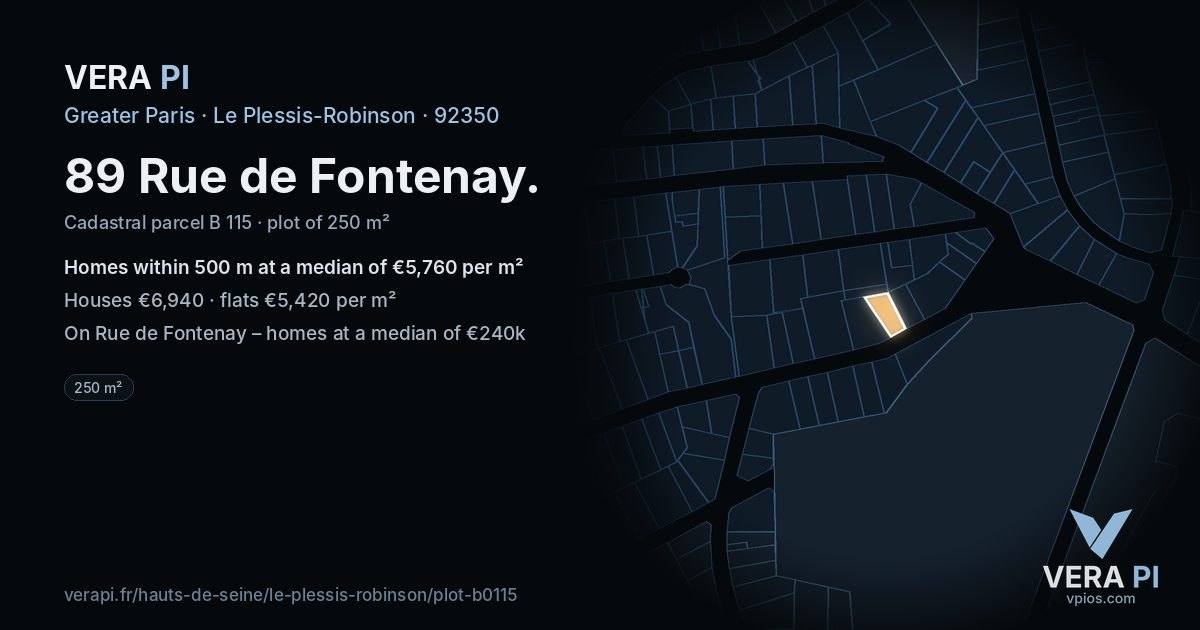 89 Rue de Fontenay, Le Plessis-Robinson at night – the plot lit, the parcels around coloured by the prices near them