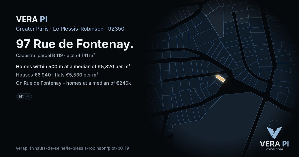 97 Rue de Fontenay, Le Plessis-Robinson at night – the plot lit, the parcels around coloured by the prices near them