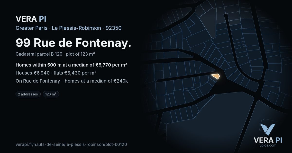 99 Rue de Fontenay, Le Plessis-Robinson at night – the plot lit, the parcels around coloured by the prices near them