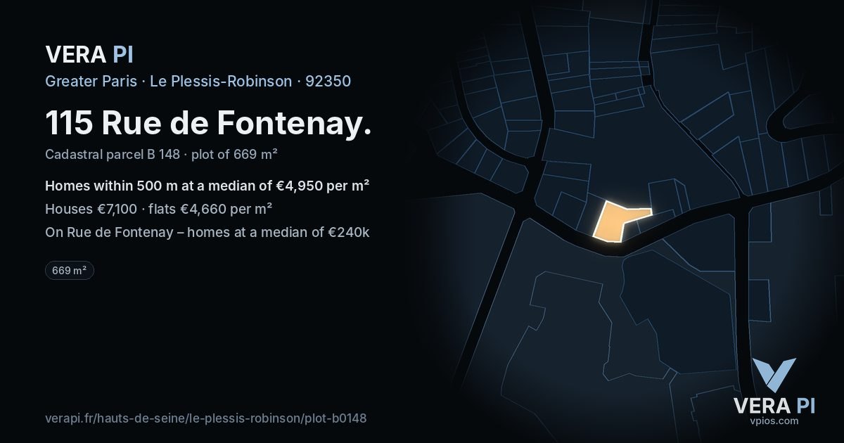 115 Rue de Fontenay, Le Plessis-Robinson at night – the plot lit, the parcels around coloured by the prices near them