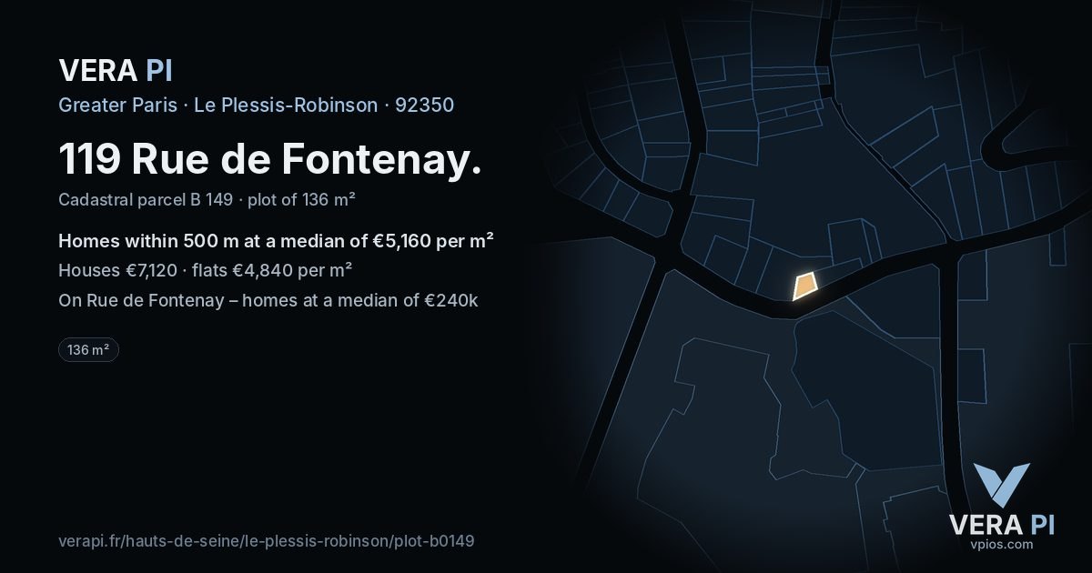 119 Rue de Fontenay, Le Plessis-Robinson at night – the plot lit, the parcels around coloured by the prices near them