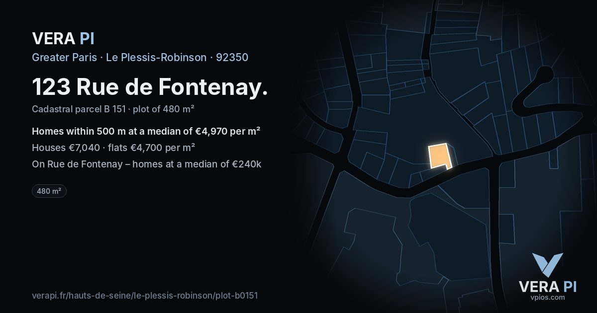 123 Rue de Fontenay, Le Plessis-Robinson at night – the plot lit, the parcels around coloured by the prices near them