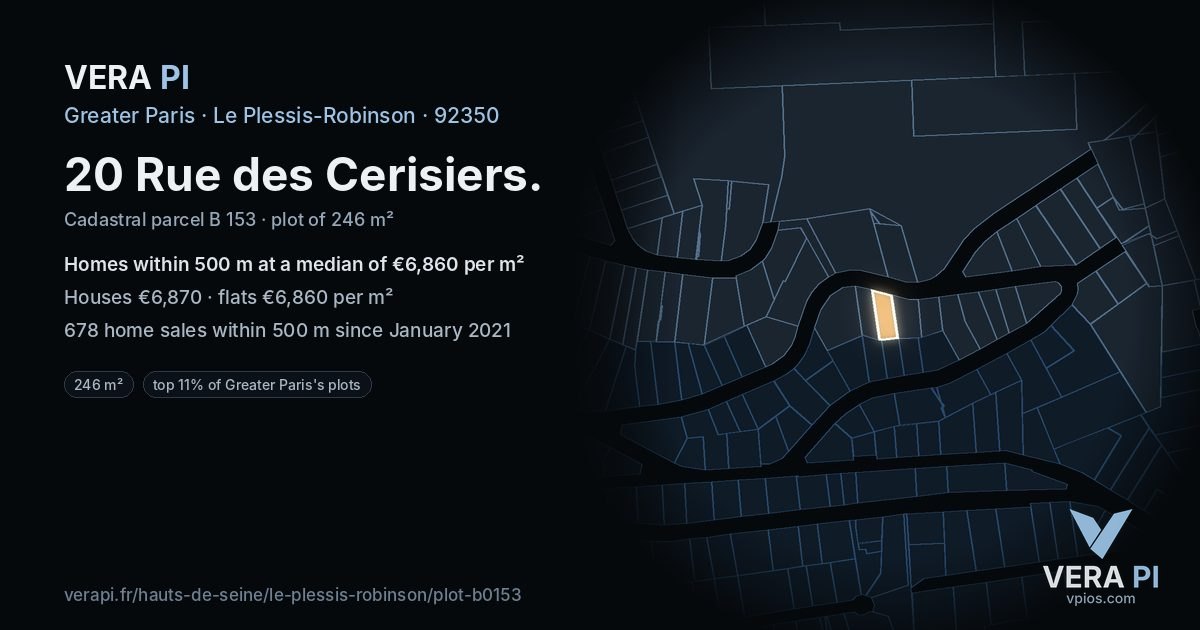 20 Rue des Cerisiers, Le Plessis-Robinson at night – the plot lit, the parcels around coloured by the prices near them