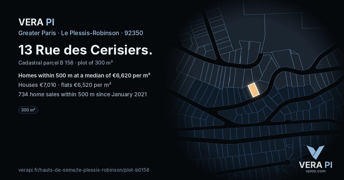 13 Rue des Cerisiers, Le Plessis-Robinson at night – the plot lit, the parcels around coloured by the prices near them