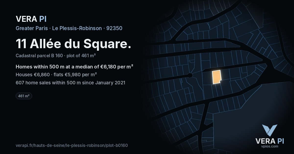 11 Allée du Square, Le Plessis-Robinson at night – the plot lit, the parcels around coloured by the prices near them