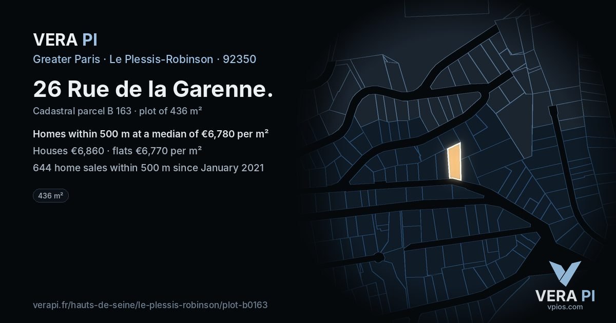 26 Rue de la Garenne, Le Plessis-Robinson at night – the plot lit, the parcels around coloured by the prices near them