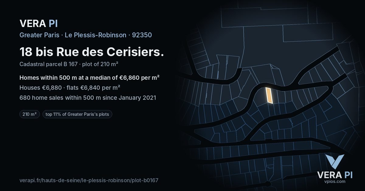 18 bis Rue des Cerisiers, Le Plessis-Robinson at night – the plot lit, the parcels around coloured by the prices near them