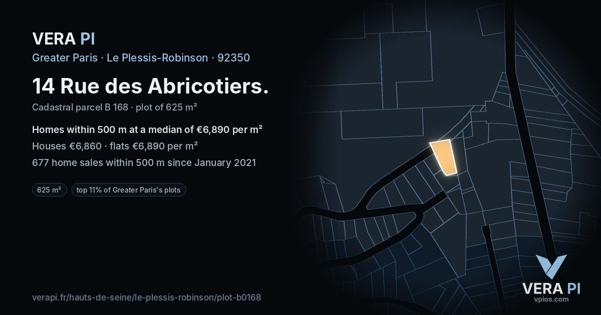 14 Rue des Abricotiers, Le Plessis-Robinson at night – the plot lit, the parcels around coloured by the prices near them