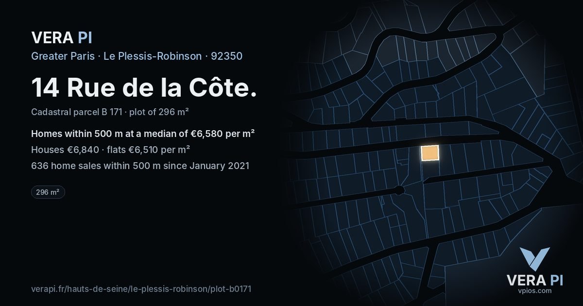 14 Rue de la Côte, Le Plessis-Robinson at night – the plot lit, the parcels around coloured by the prices near them