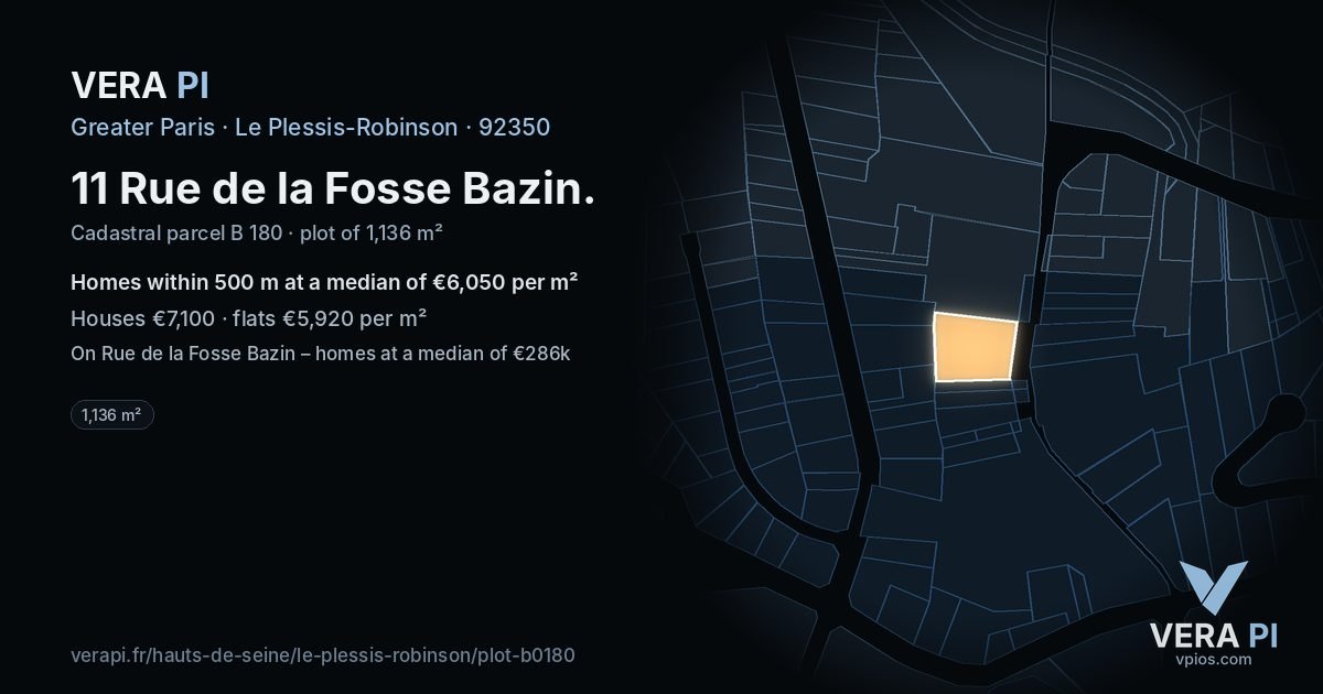 11 Rue de la Fosse Bazin, Le Plessis-Robinson at night – the plot lit, the parcels around coloured by the prices near them