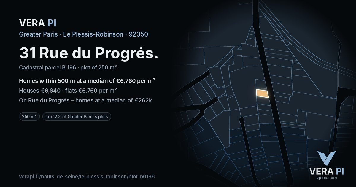 31 Rue du Progrés, Le Plessis-Robinson at night – the plot lit, the parcels around coloured by the prices near them