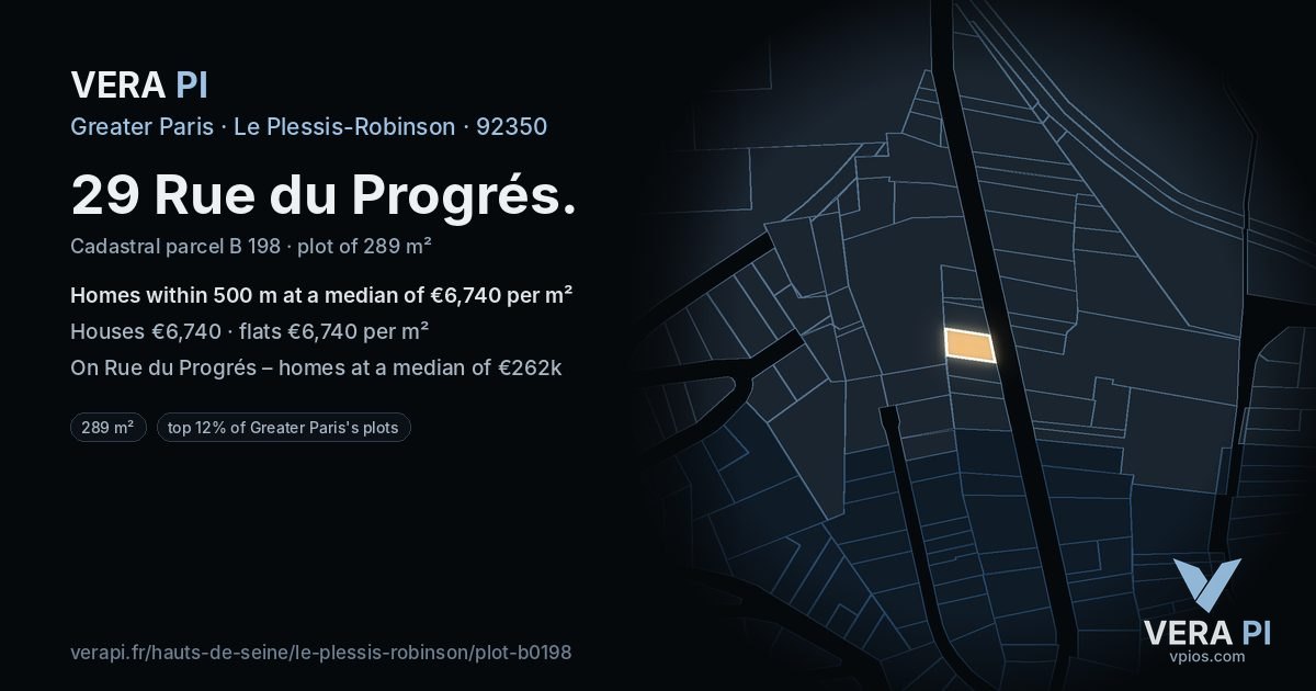 29 Rue du Progrés, Le Plessis-Robinson at night – the plot lit, the parcels around coloured by the prices near them