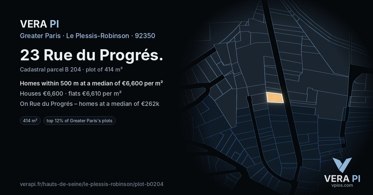 23 Rue du Progrés, Le Plessis-Robinson at night – the plot lit, the parcels around coloured by the prices near them