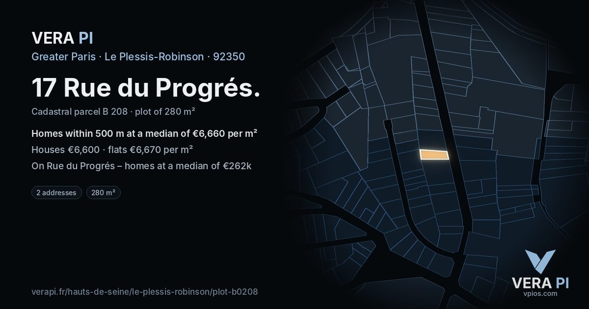 17 Rue du Progrés, Le Plessis-Robinson at night – the plot lit, the parcels around coloured by the prices near them