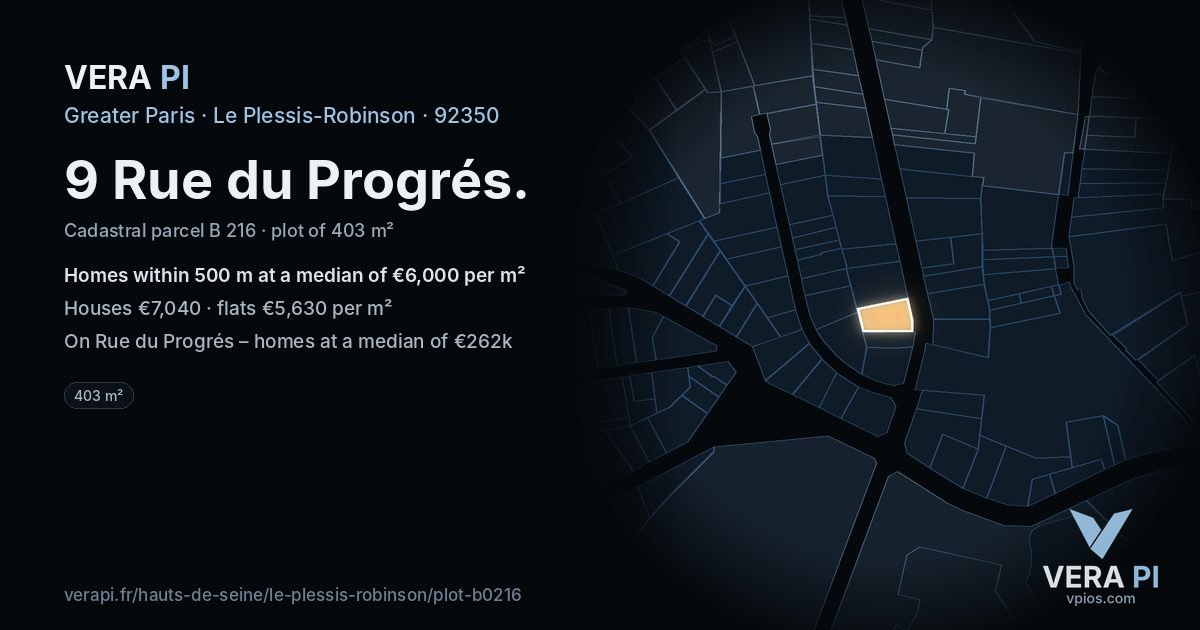 9 Rue du Progrés, Le Plessis-Robinson at night – the plot lit, the parcels around coloured by the prices near them