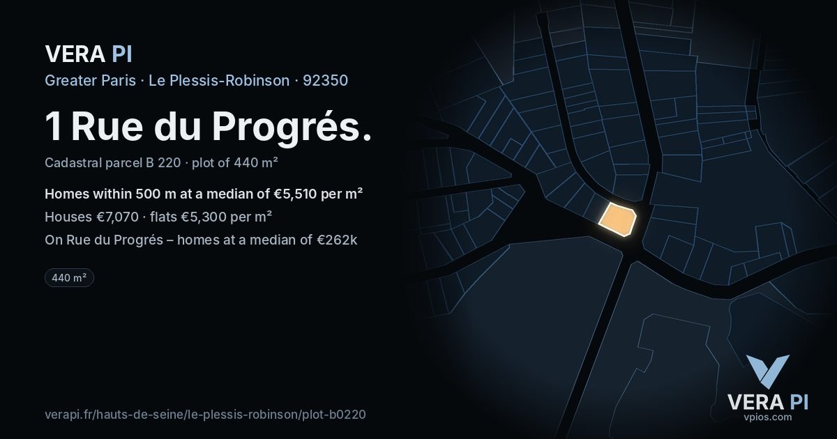 1 Rue du Progrés, Le Plessis-Robinson at night – the plot lit, the parcels around coloured by the prices near them