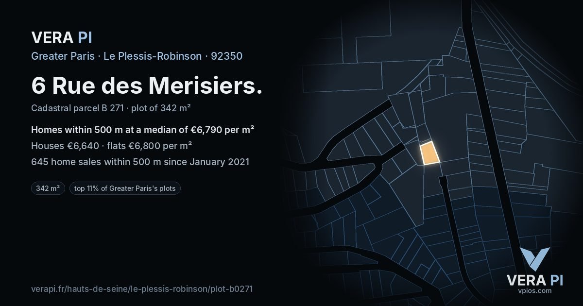 6 Rue des Merisiers, Le Plessis-Robinson at night – the plot lit, the parcels around coloured by the prices near them