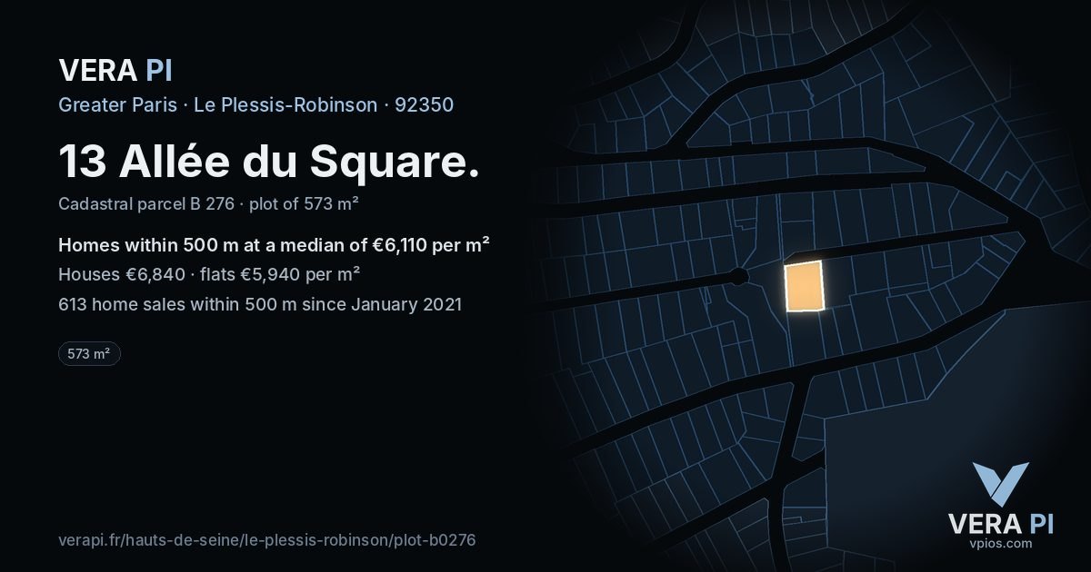13 Allée du Square, Le Plessis-Robinson at night – the plot lit, the parcels around coloured by the prices near them