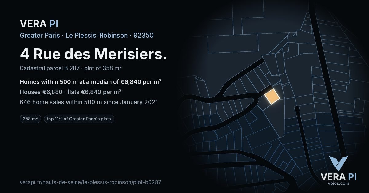 4 Rue des Merisiers, Le Plessis-Robinson at night – the plot lit, the parcels around coloured by the prices near them