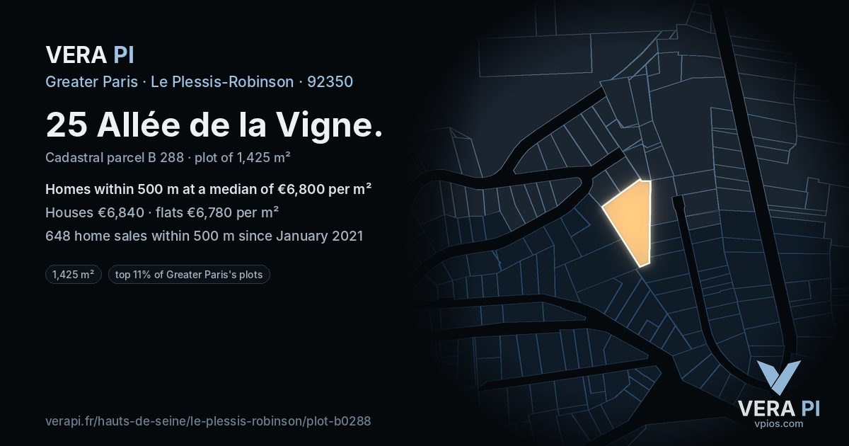 25 Allée de la Vigne, Le Plessis-Robinson at night – the plot lit, the parcels around coloured by the prices near them