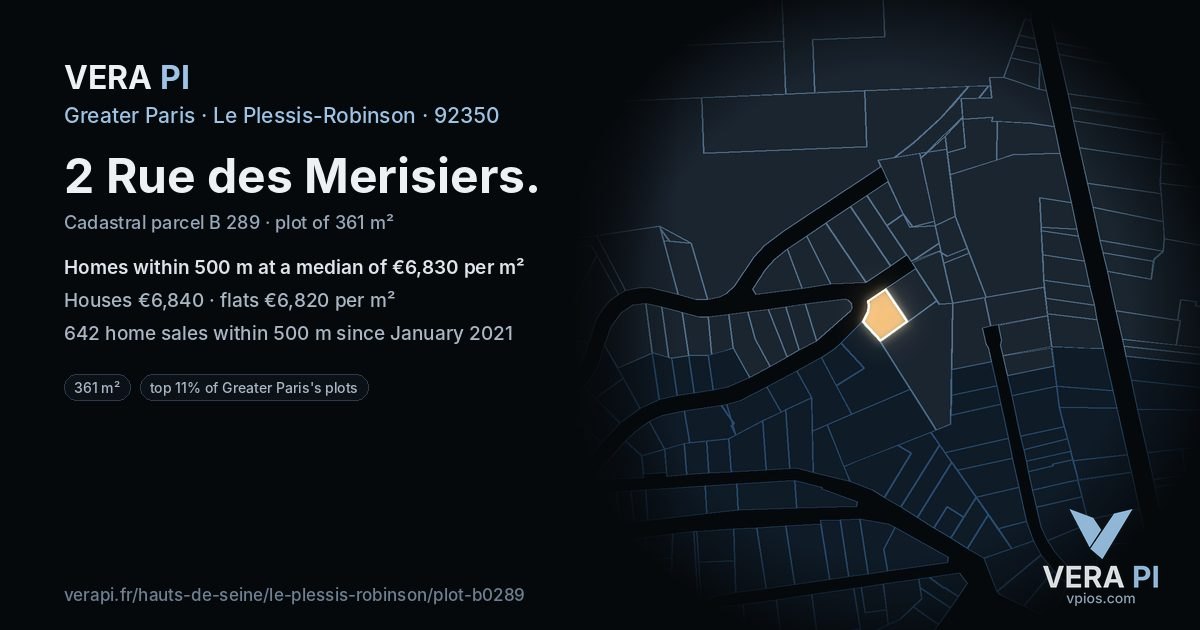 2 Rue des Merisiers, Le Plessis-Robinson at night – the plot lit, the parcels around coloured by the prices near them