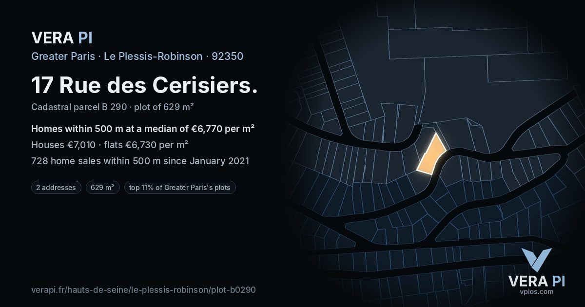 17 Rue des Cerisiers, Le Plessis-Robinson at night – the plot lit, the parcels around coloured by the prices near them
