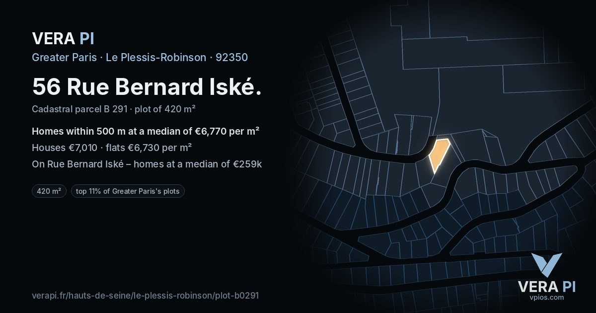 56 Rue Bernard Iské, Le Plessis-Robinson at night – the plot lit, the parcels around coloured by the prices near them
