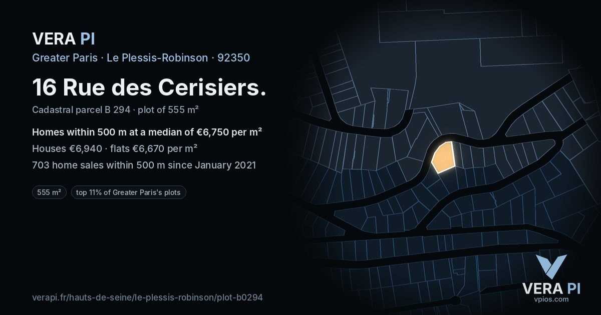 16 Rue des Cerisiers, Le Plessis-Robinson at night – the plot lit, the parcels around coloured by the prices near them