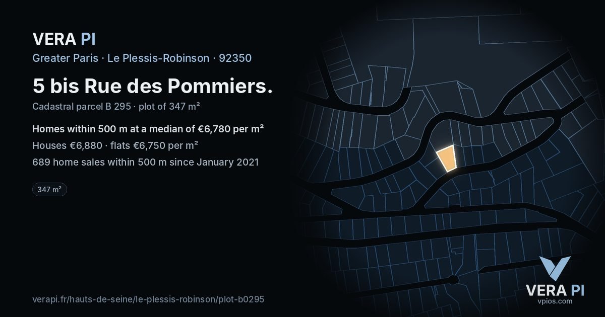 5 bis Rue des Pommiers, Le Plessis-Robinson at night – the plot lit, the parcels around coloured by the prices near them