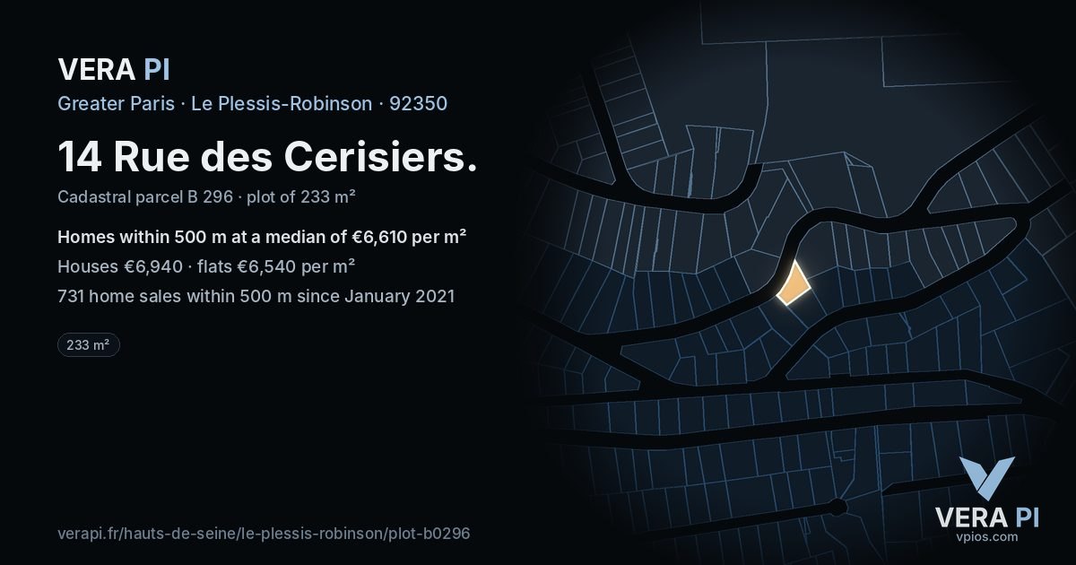 14 Rue des Cerisiers, Le Plessis-Robinson at night – the plot lit, the parcels around coloured by the prices near them
