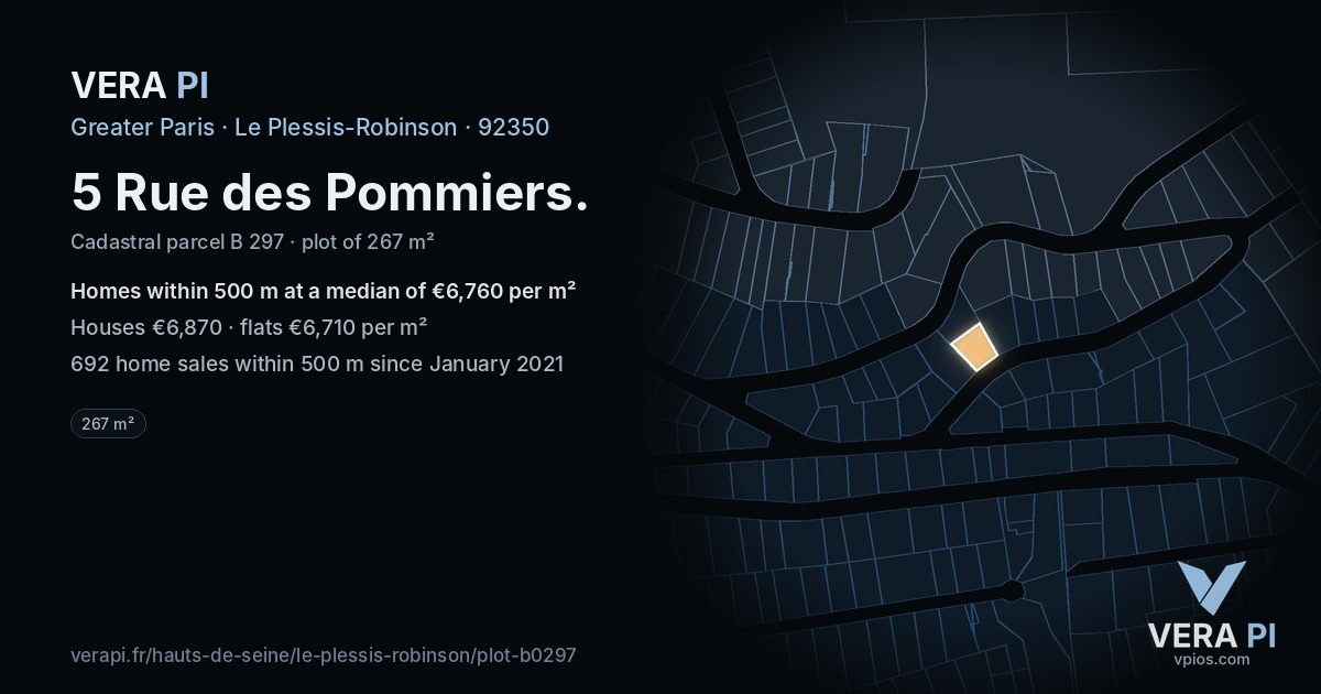 5 Rue des Pommiers, Le Plessis-Robinson at night – the plot lit, the parcels around coloured by the prices near them
