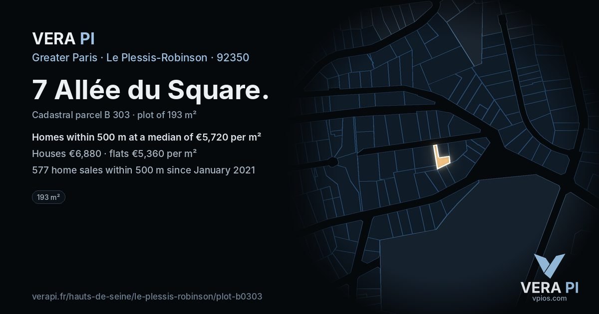 7 Allée du Square, Le Plessis-Robinson at night – the plot lit, the parcels around coloured by the prices near them