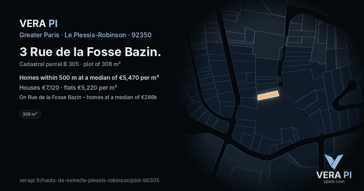 3 Rue de la Fosse Bazin, Le Plessis-Robinson at night – the plot lit, the parcels around coloured by the prices near them
